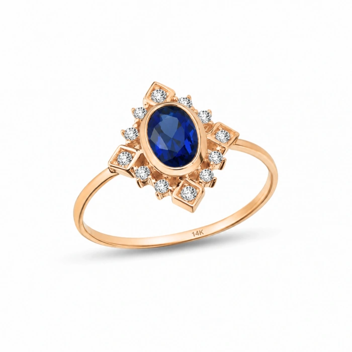 14K Solid Gold Oval Cut Blue Sapphire Ring