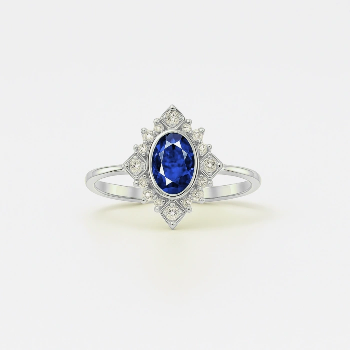 14K Solid Gold Oval Cut Blue Sapphire Ring