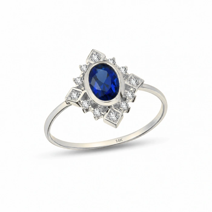 14K Solid Gold Oval Cut Blue Sapphire Ring