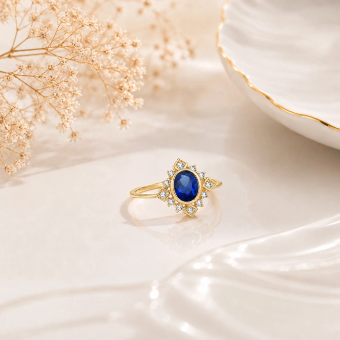 14K Solid Gold Oval Cut Blue Sapphire Ring