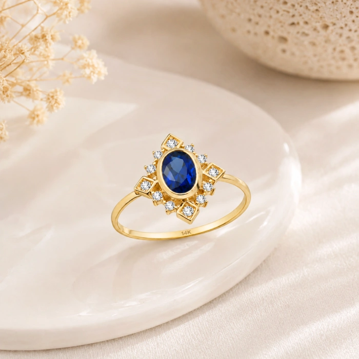 14K Solid Gold Oval Cut Blue Sapphire Ring