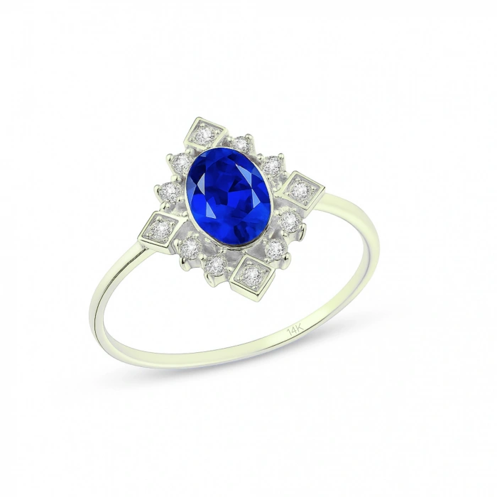 14K Solid Gold Oval Cut Blue Sapphire Ring