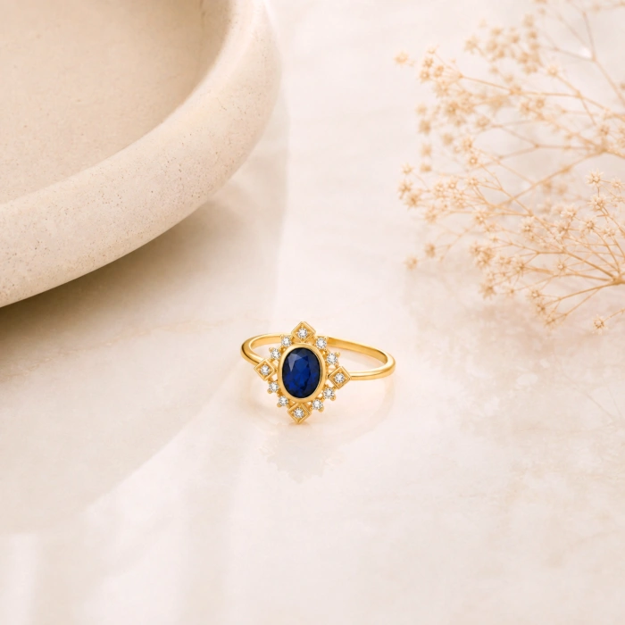 14K Solid Gold Oval Cut Blue Sapphire Ring