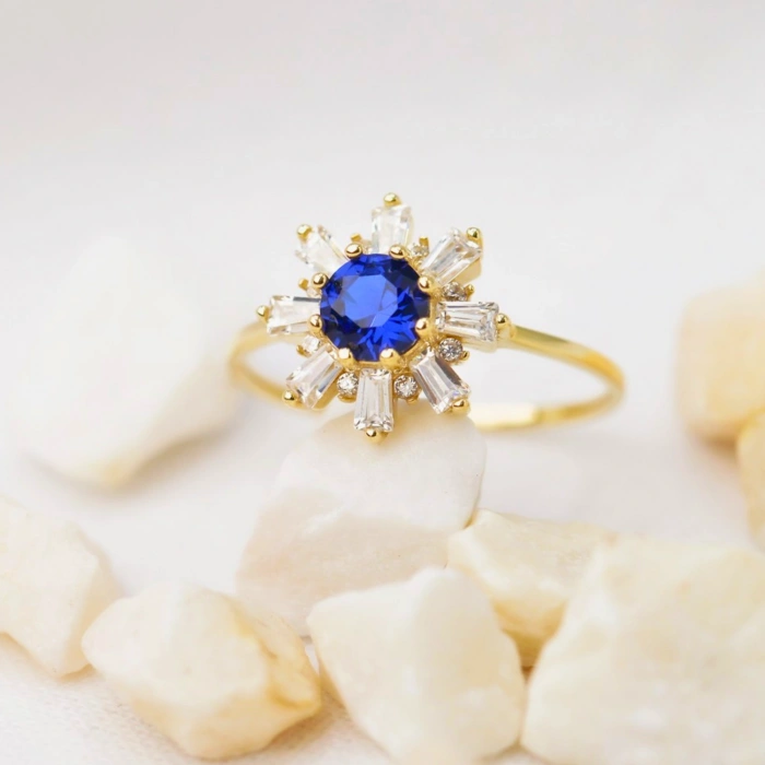 14 Ayar Altın Mavi Safir Baget Yüzük