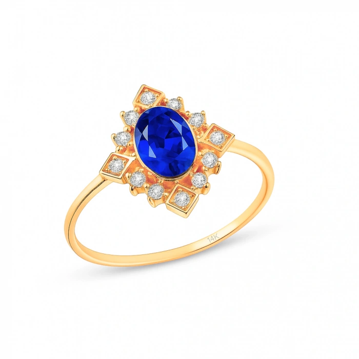 14K Solid Gold Oval Cut Blue Sapphire Ring