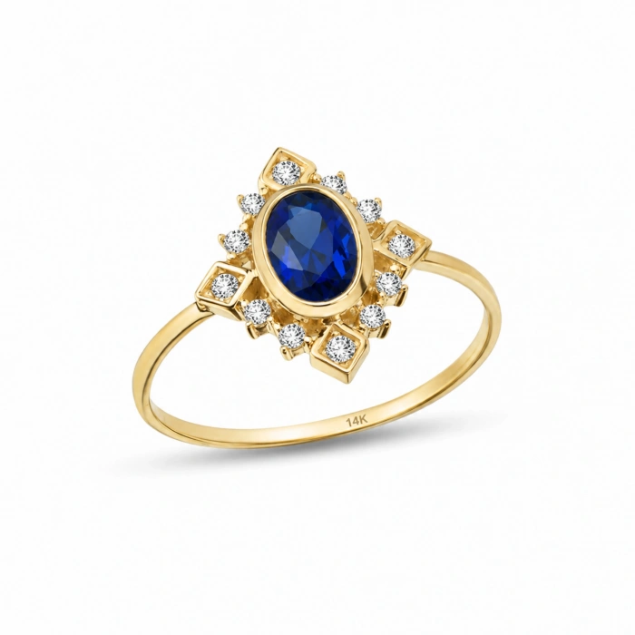 14K Solid Gold Oval Cut Blue Sapphire Ring