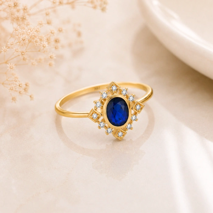 14K Solid Gold Oval Cut Blue Sapphire Ring