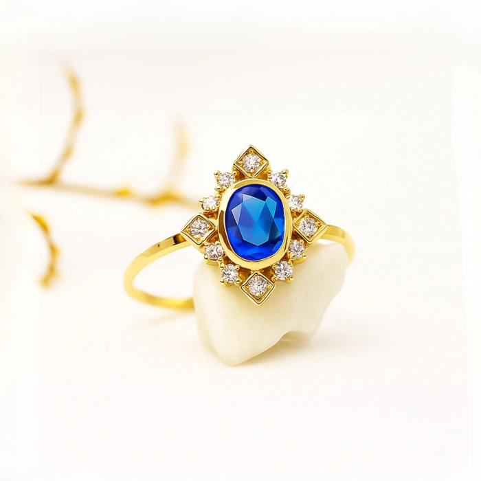 14K Solid Gold Oval Cut Blue Sapphire Ring
