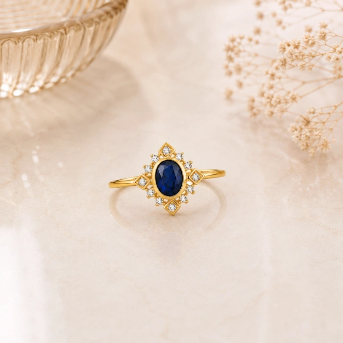 14K Solid Gold Oval Cut Blue Sapphire Ring