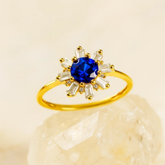 14 Ayar Altın Mavi Safir Baget Yüzük