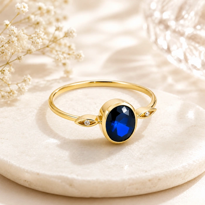 14 Ayar Altın Oval Kesim Safir Yüzük