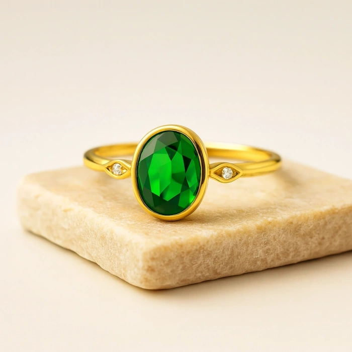 14 Ayar Altın Oval Kesim Zümrüt Yüzük