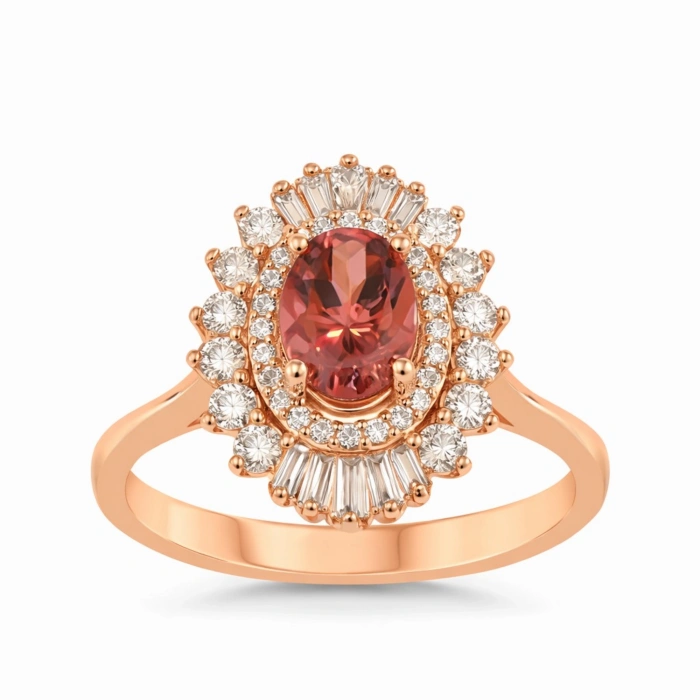 14 Ayar Altın 1.33 Karat Turmalin Taşlı Anturaj Yüzük, Baget Kesim Pırlanta Yüzük