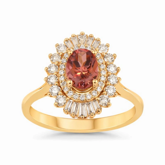 14 Ayar Altın 1.33 Karat Turmalin Taşlı Anturaj Yüzük, Baget Kesim Pırlanta Yüzük