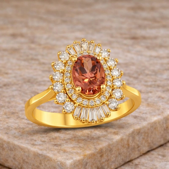 14 Ayar Altın 1.33 Karat Turmalin Taşlı Anturaj Yüzük, Baget Kesim Pırlanta Yüzük