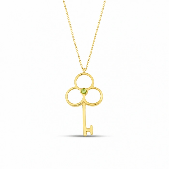 14K Solid Gold Peridot Key Necklace