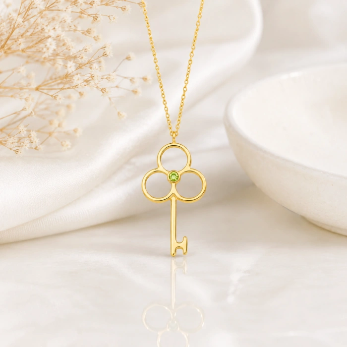14K Solid Gold Peridot Key Necklace