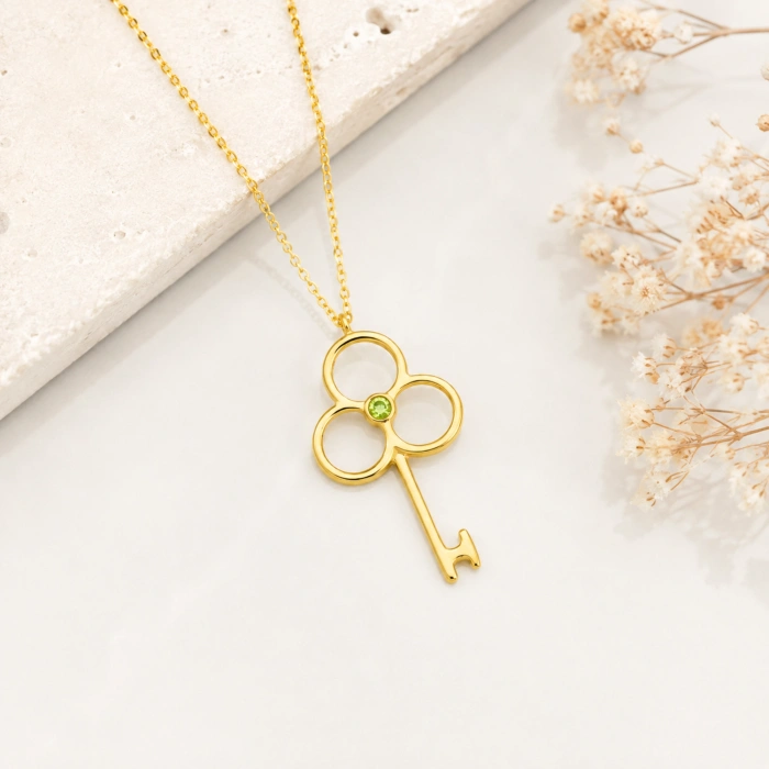 14K Solid Gold Peridot Key Necklace
