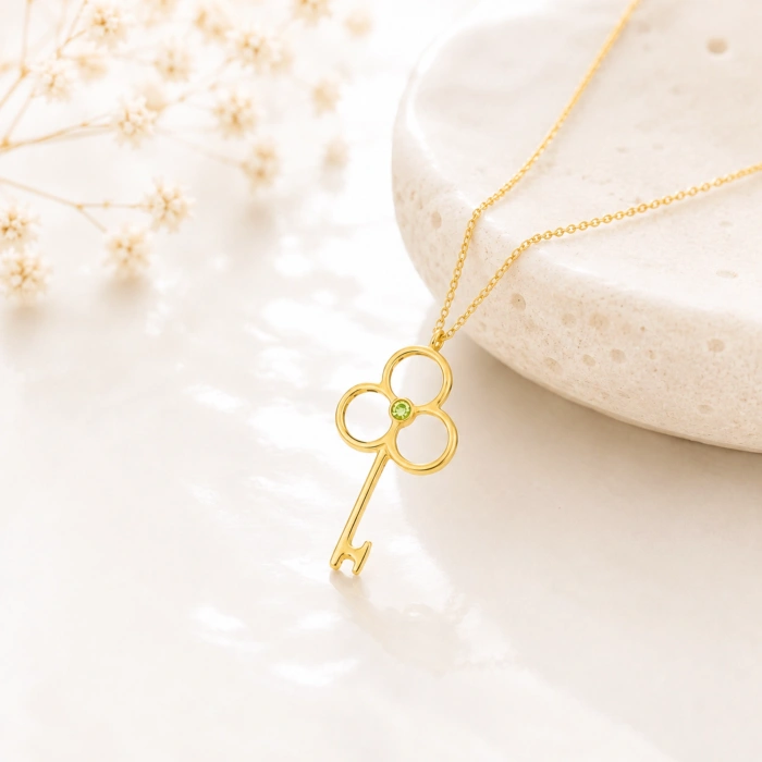 14K Solid Gold Peridot Key Necklace