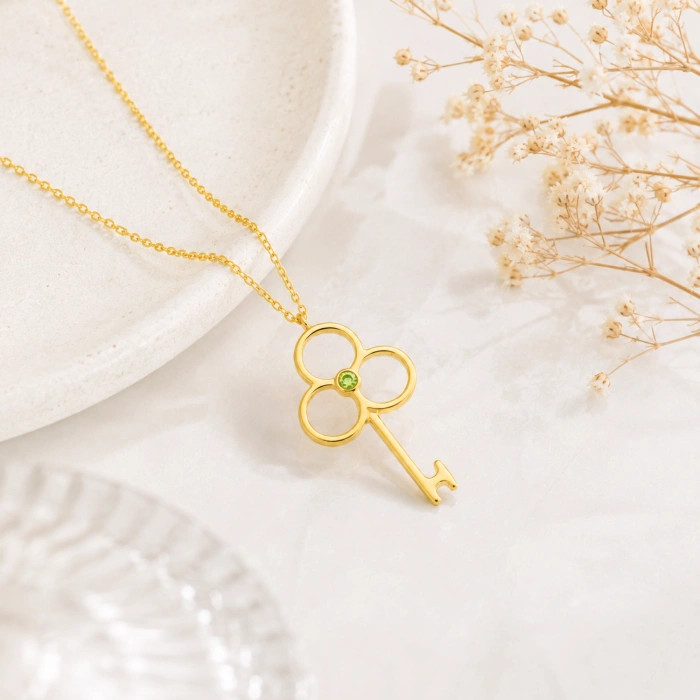 14K Solid Gold Peridot Key Necklace