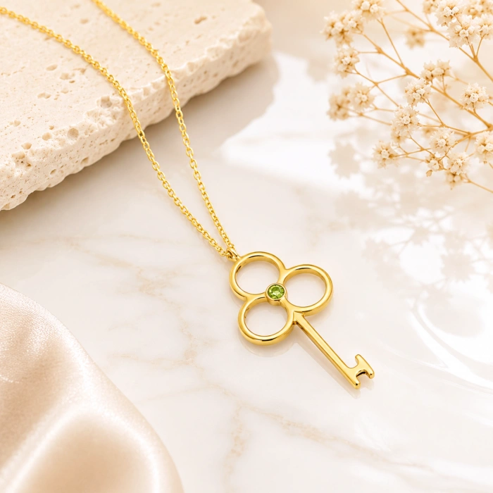 14K Solid Gold Peridot Key Necklace
