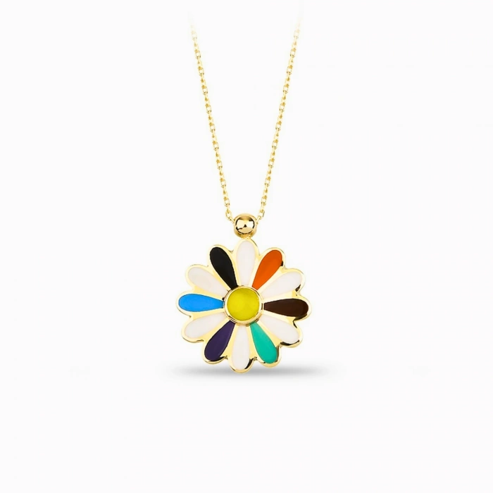 14K Gold Colored Daisy Necklace, Rainbow Flower Necklace, Spring Necklace