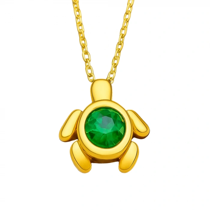 14 Ayar Altın Yeşil Zümrüt Taşlı Kaplumbağa Kolye