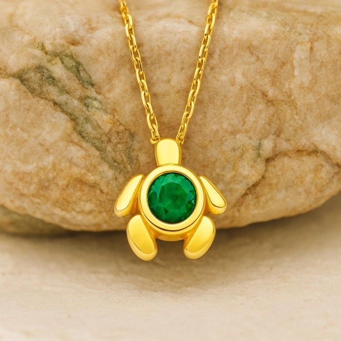14 Ayar Altın Yeşil Zümrüt Taşlı Kaplumbağa Kolye