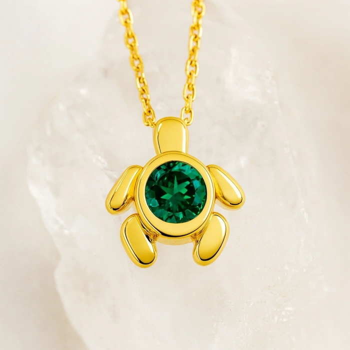 14 Ayar Altın Yeşil Zümrüt Taşlı Kaplumbağa Kolye