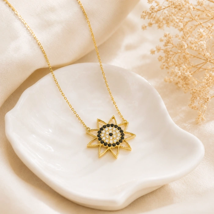 14K Solid Gold Black Onyx Sun Necklace