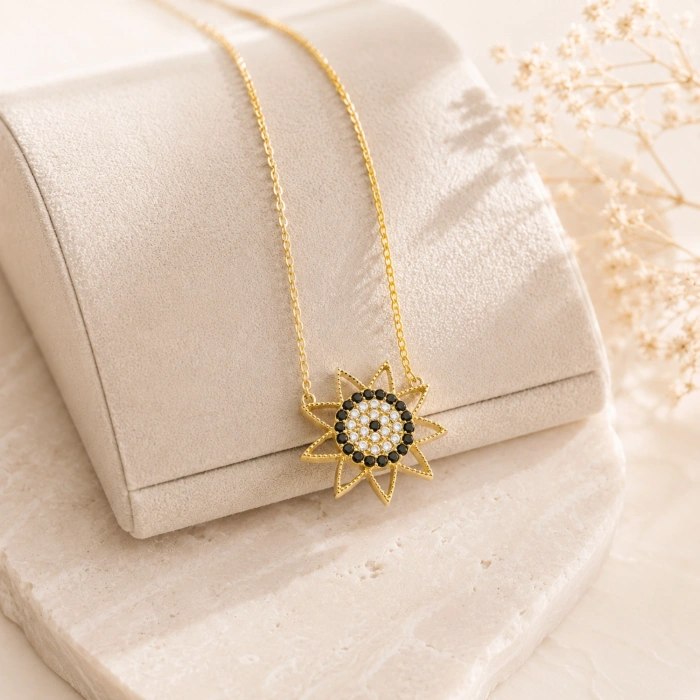 14K Solid Gold Black Onyx Sun Necklace