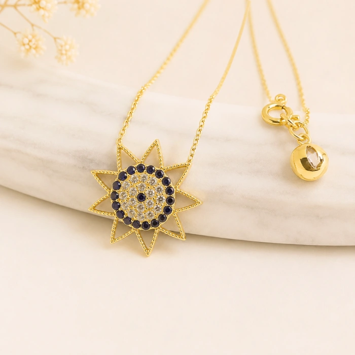 14K Solid Gold Black Onyx Sun Necklace