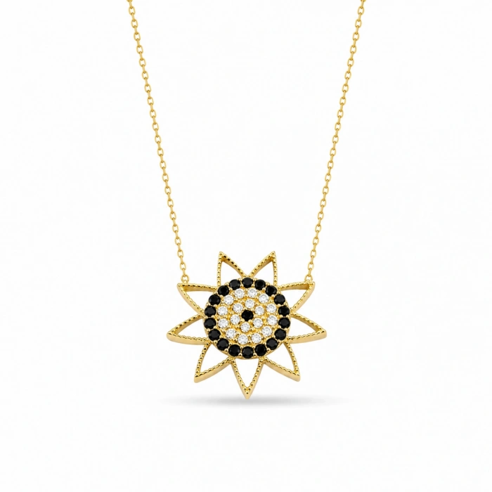 14K Solid Gold Black Onyx Sun Necklace