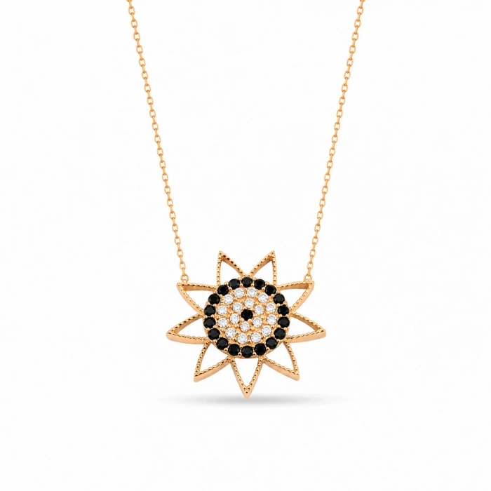 14K Solid Gold Black Onyx Sun Necklace