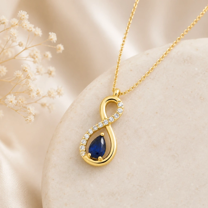 14K Solid Gold Blue Sapphire Infinity Necklace