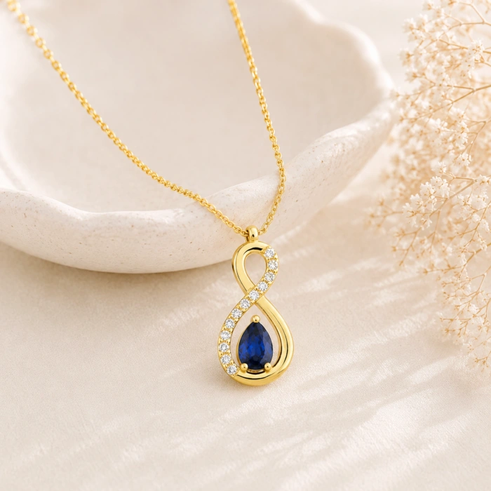14K Solid Gold Blue Sapphire Infinity Necklace