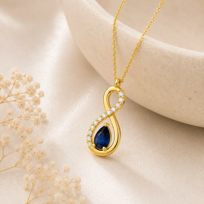 14K Solid Gold Blue Sapphire Infinity Necklace