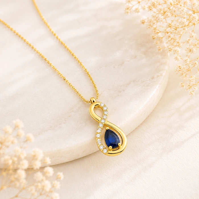 14K Solid Gold Blue Sapphire Infinity Necklace