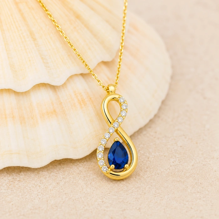 14K Solid Gold Blue Sapphire Infinity Necklace
