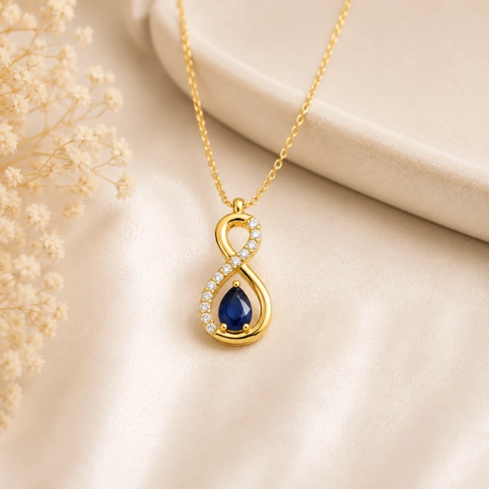 14K Solid Gold Blue Sapphire Infinity Necklace