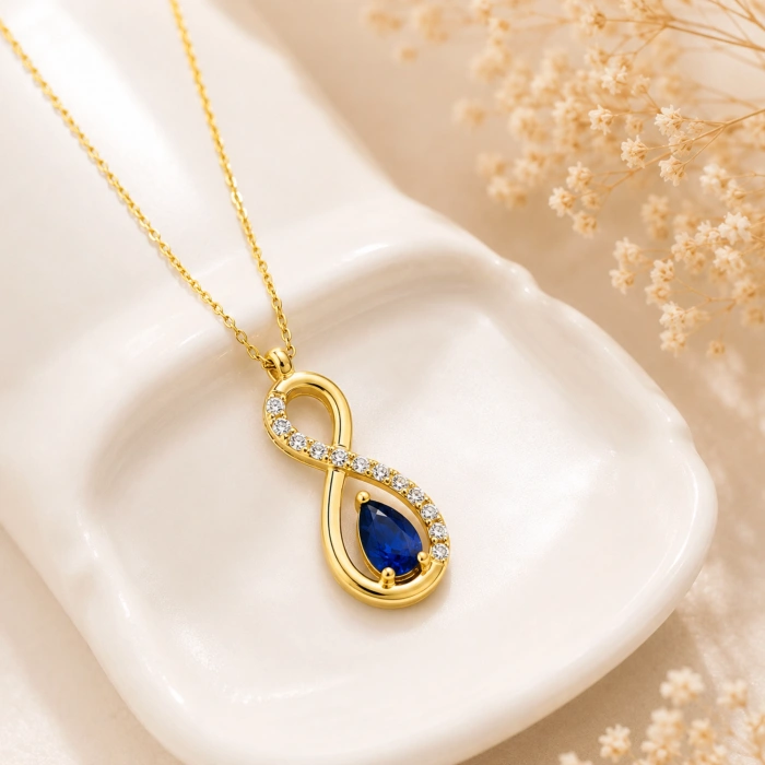14K Solid Gold Blue Sapphire Infinity Necklace