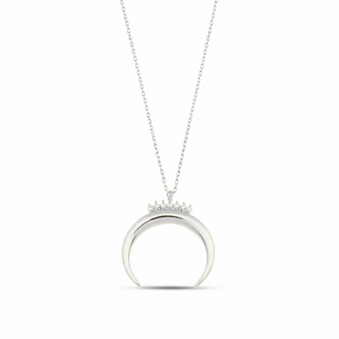 14 Ayar Altın Taç Detaylı Hilal Kolye