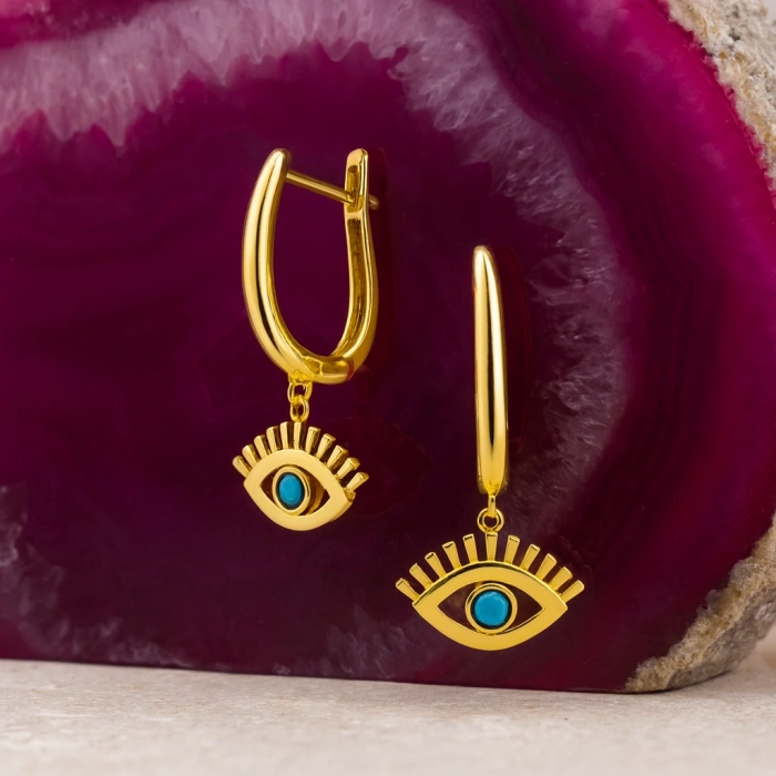 14 Ayar Altın Turkuaz Taşlı Sallantı Küpe