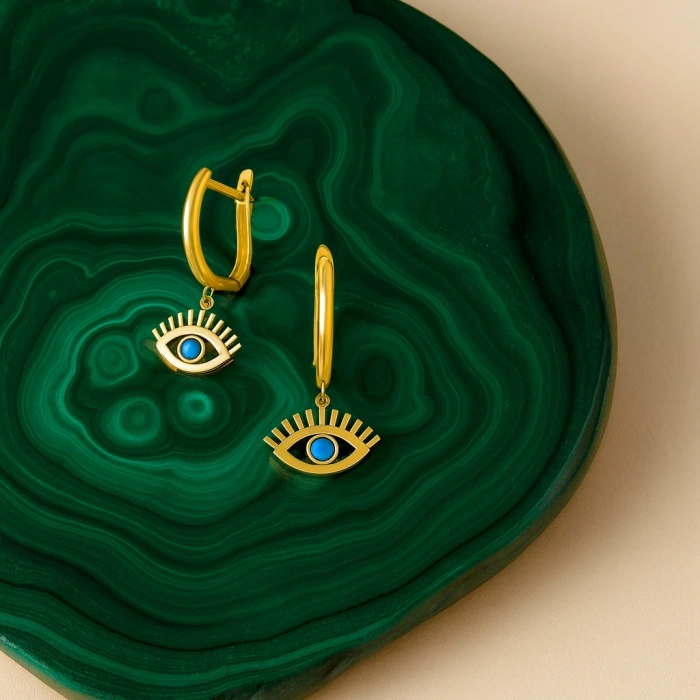 14 Ayar Altın Turkuaz Taşlı Sallantı Küpe