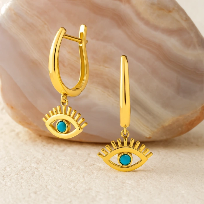 14 Ayar Altın Turkuaz Taşlı Sallantı Küpe