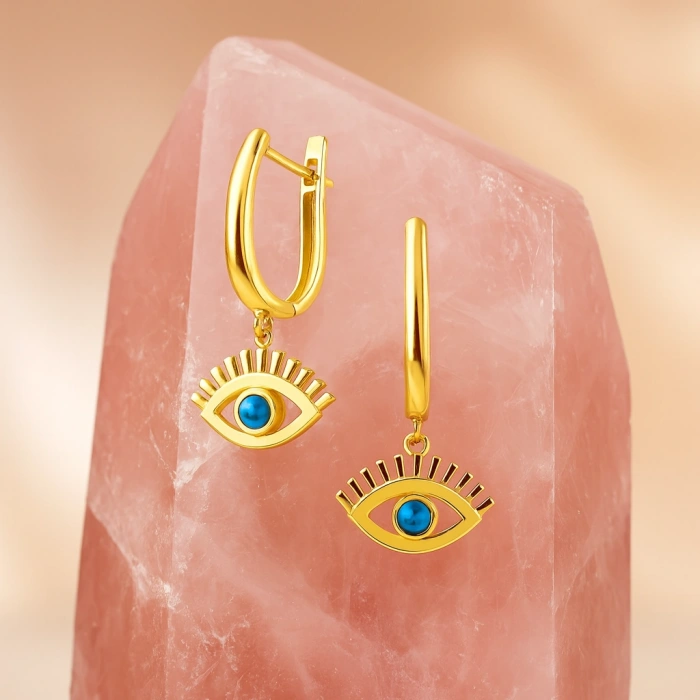 14 Ayar Altın Turkuaz Taşlı Sallantı Küpe