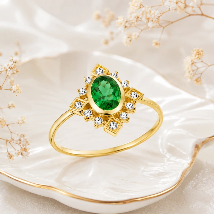 14K Solid Gold Vintage Design Emerald Ring