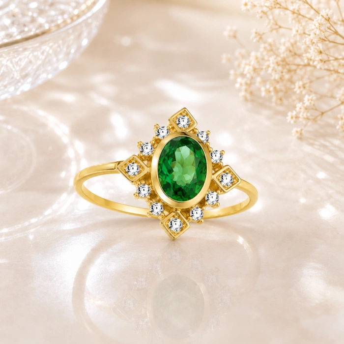 14K Solid Gold Vintage Design Emerald Ring