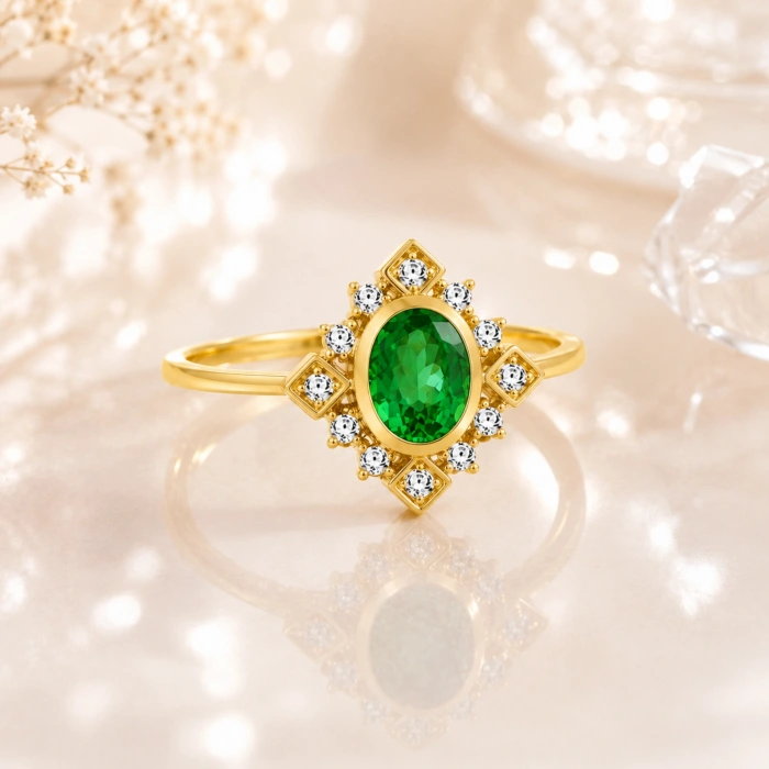 14K Solid Gold Vintage Design Emerald Ring