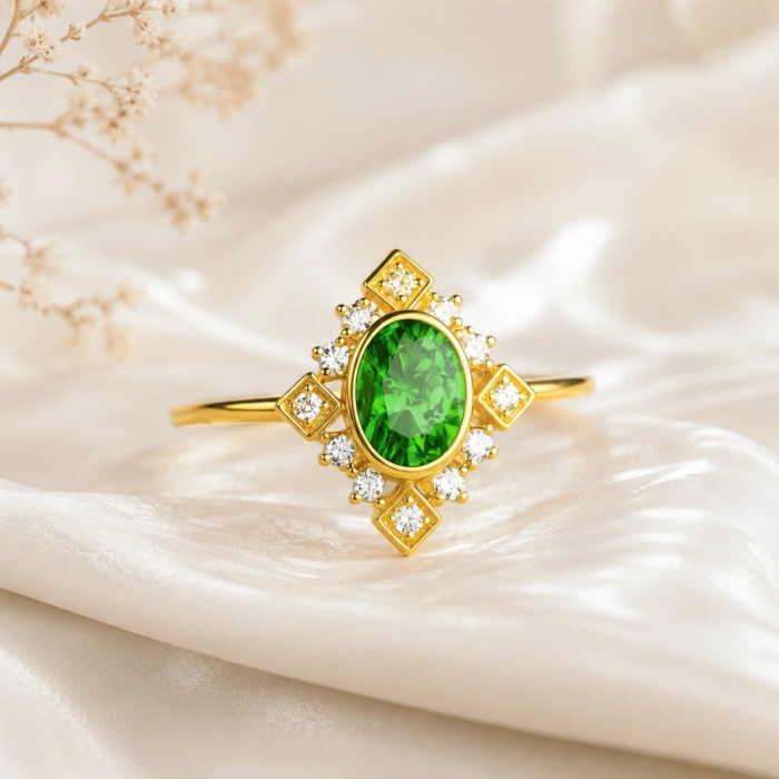 14K Solid Gold Vintage Design Emerald Ring